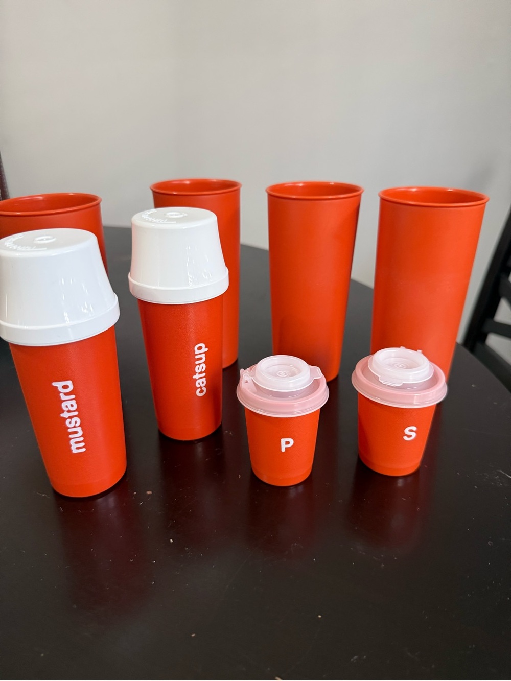 1970's Tupperware Set, Salt & Pepper W/ Catsup & Mustard Containers/4 cups